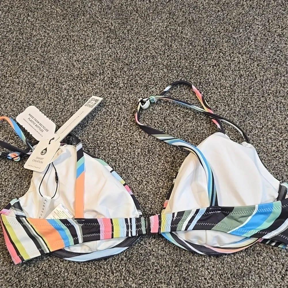 NWT Sanctuary Women Wavy Double StrapColorful Striped Bikini Top Swim Sz L